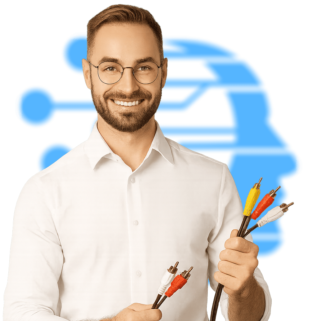 Smiling AV technician holding cables