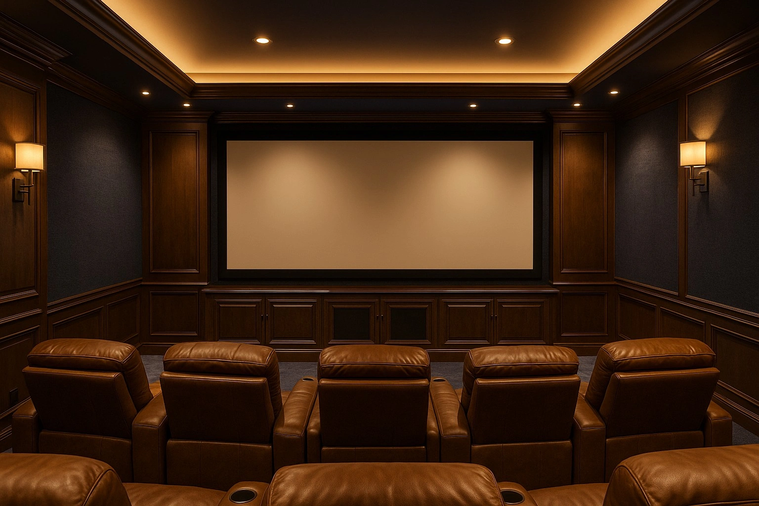 Luxury home theater with big screen, star ceiling and recliners