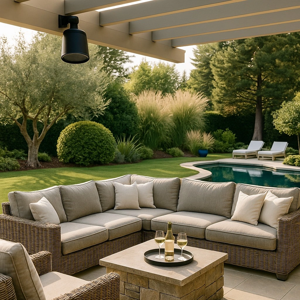 Outdoor seating area with landscape speakers around a pool at a Los Angeles home