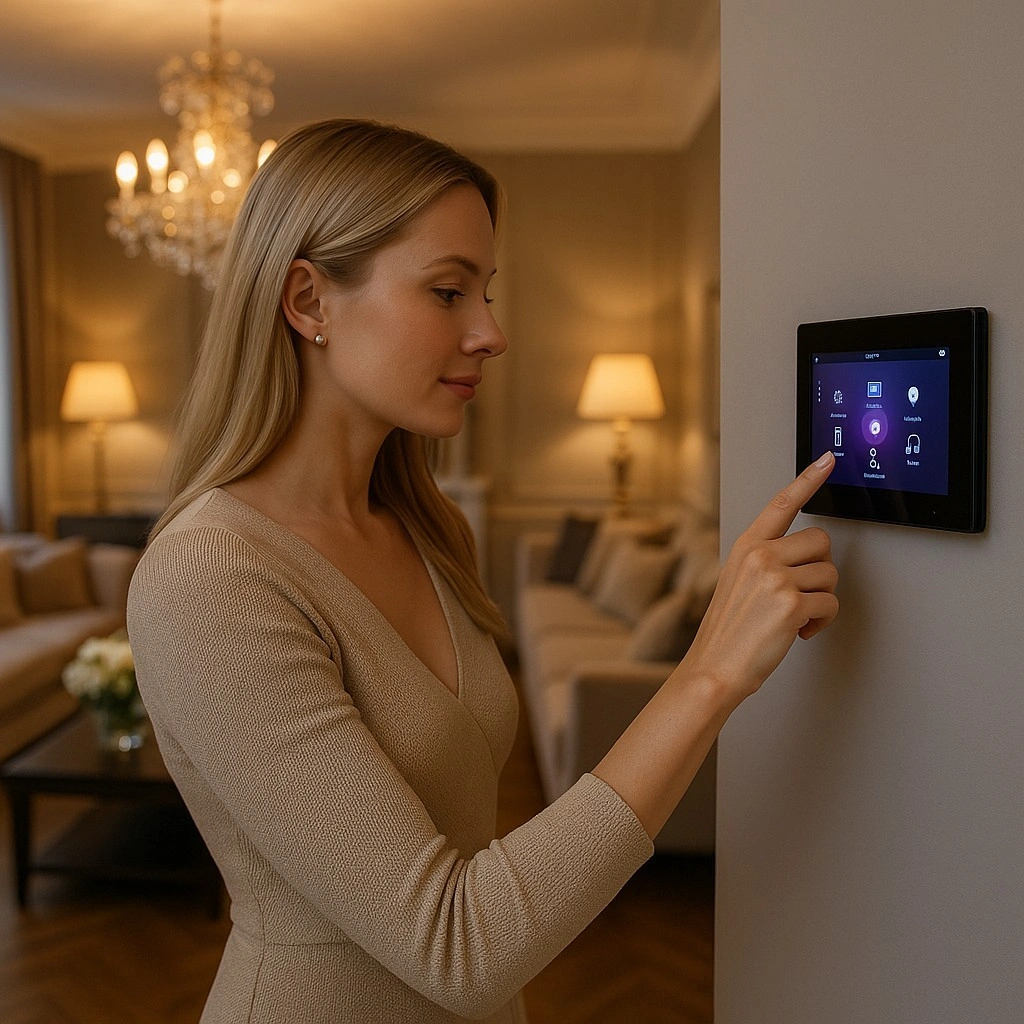 Technician programming a Control4 system on a laptop in a Los Angeles living room
