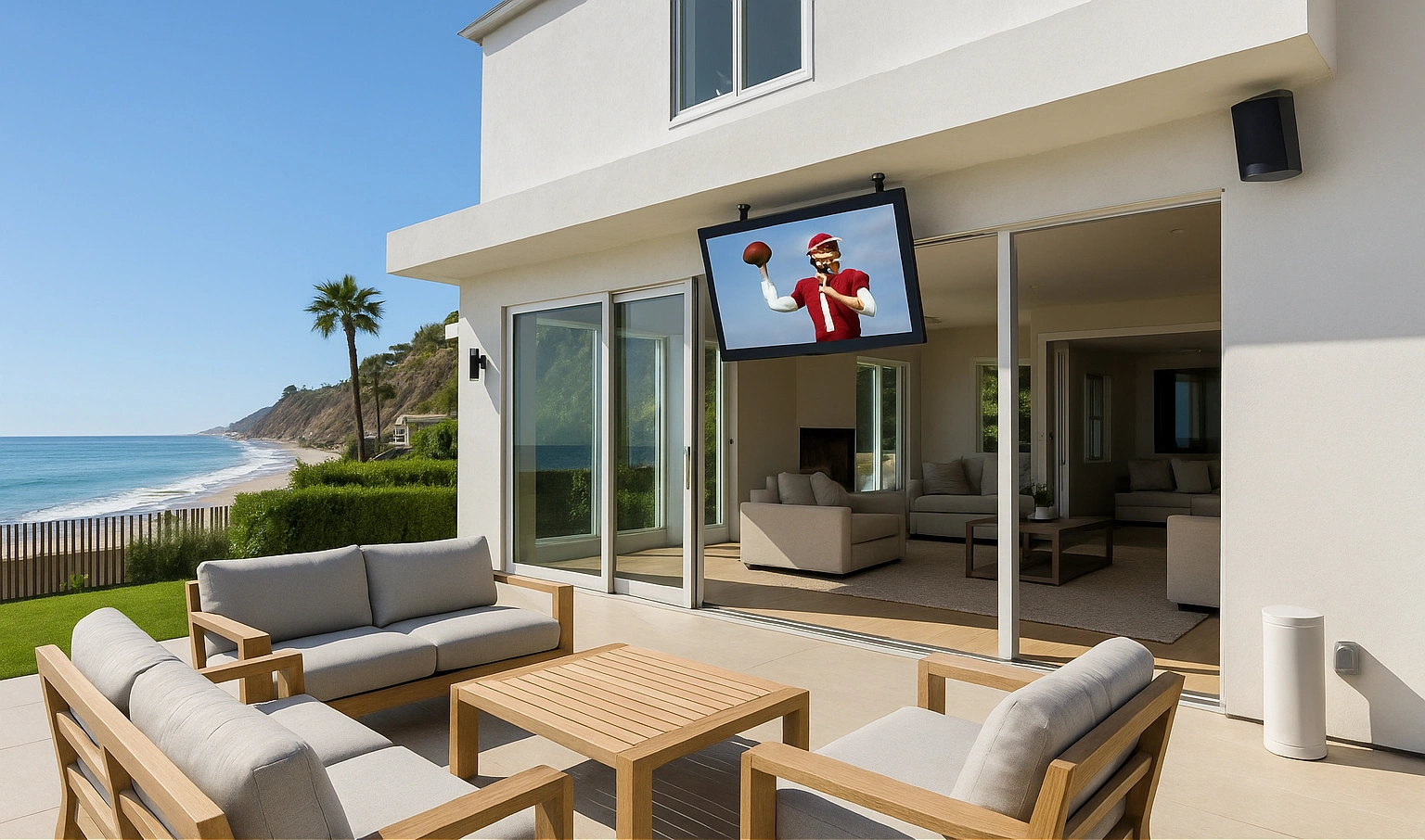 Malibu beach house outdoor entertainment area with speakers and lighting