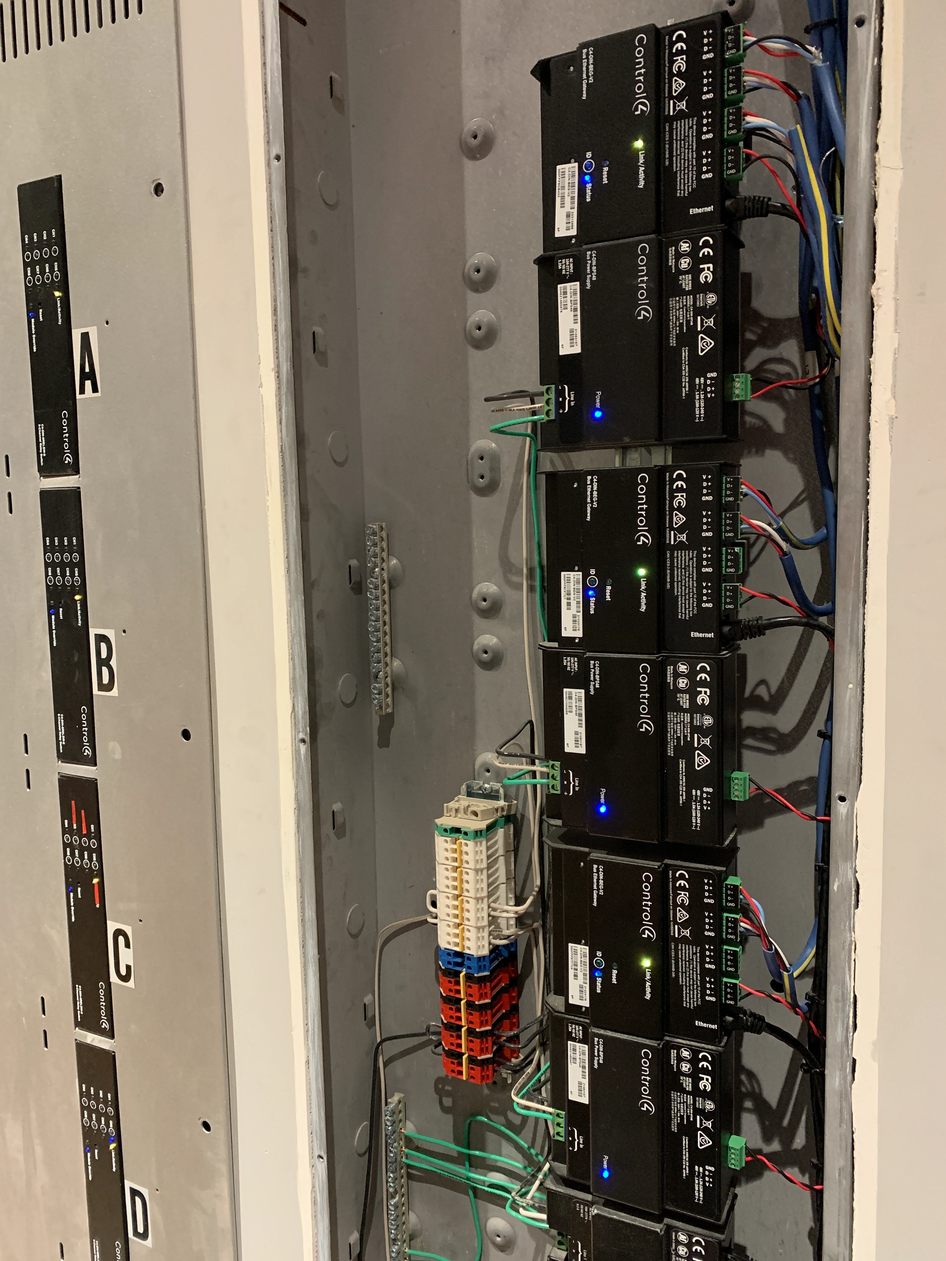 Studio City new construction rack room with neatly wired AV and network gear