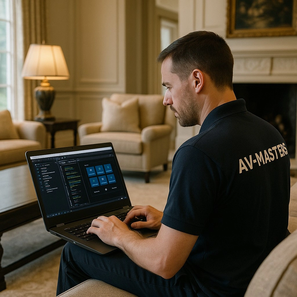 Technician servicing a smart home rack and Control4 equipment