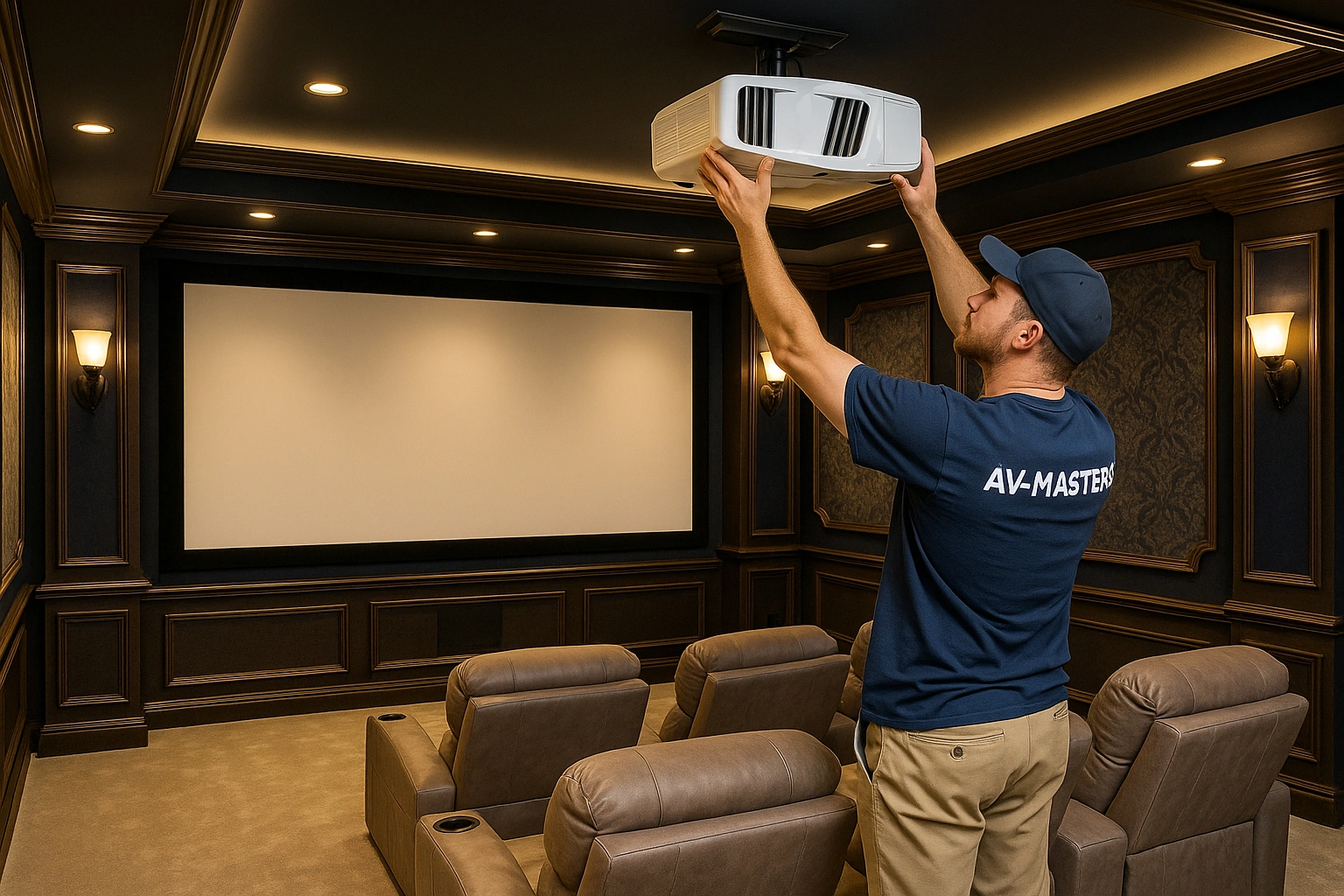Luxury home theater with projector, screen and Dolby Atmos speakers